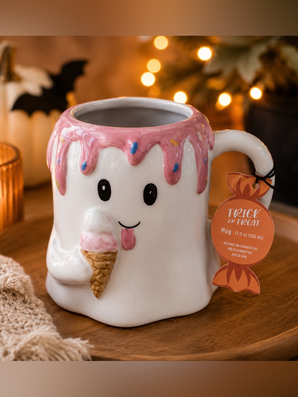 Cute Ghost Ice Cream Mug Halloween Trick or Treat Ceramic Mug NWT